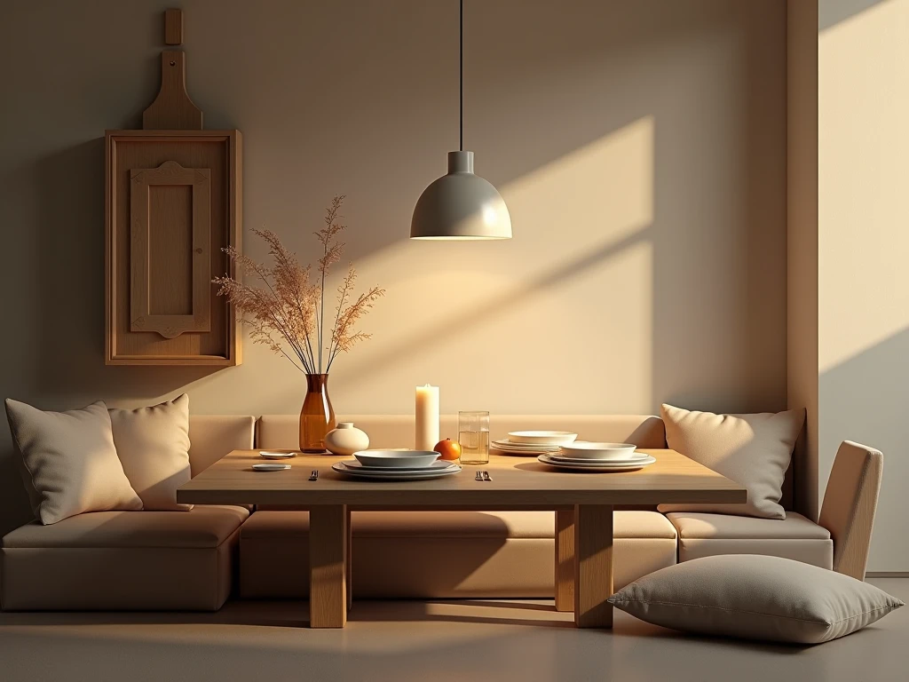 Abstracte illustratie: zacht licht boven een rustige tafelopstelling